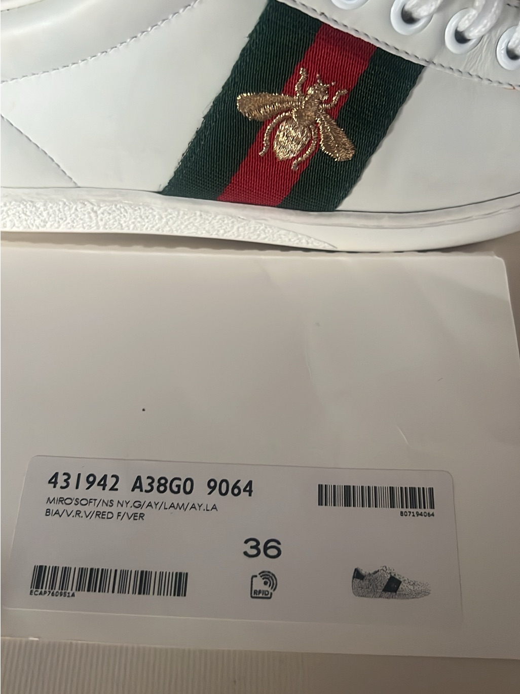 Microsoft White Kids Sneaker With Green And Red Stripe And Gold Bee